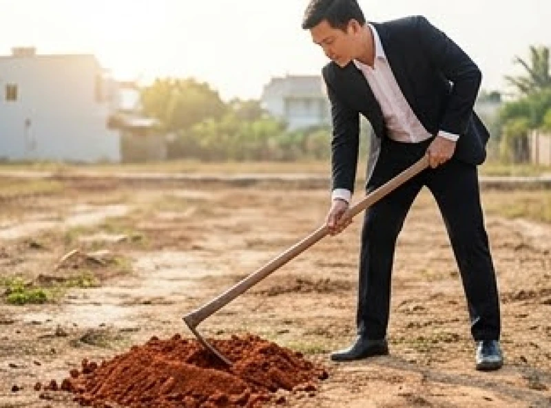 Tuổi Thìn động thổ ngày nào tốt: chuẩn Can Chi và văn khấn 9 Gia chủ nam mặc trang phục chỉnh tề đang cầm cuốc bổ nhát đầu tiên xuống phần ranh giới móng nhà