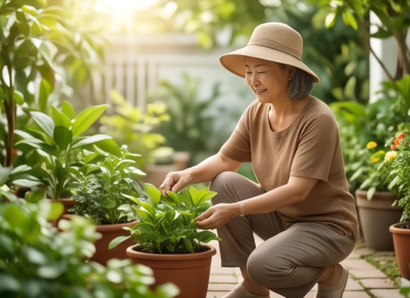 Người phụ nữ lớn tuổi thong thả chăm sóc vườn cây xanh mát trong buổi sáng yên bình