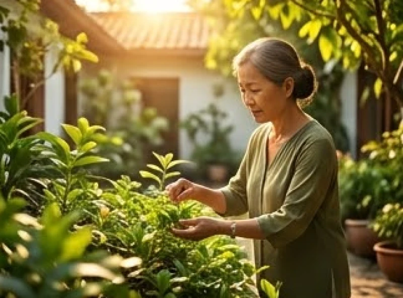 Người phụ nữ trung niên đang thảnh thơi chăm sóc khu vườn xanh mát tận hưởng cuộc sống bình yên
