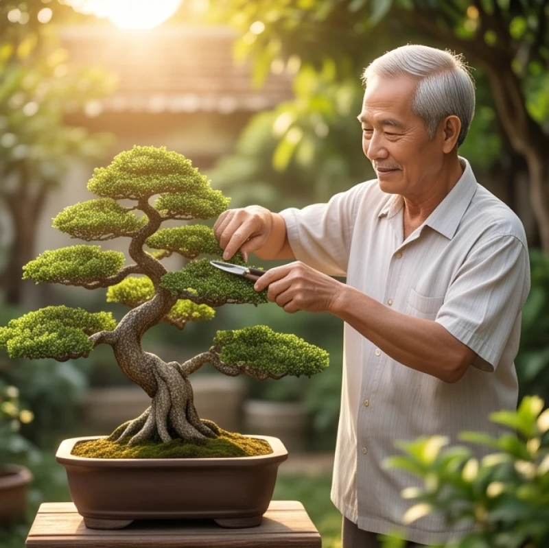 Tử vi trọn đời tuổi Quý Tỵ 1953 nam mạng: Luận chi tiết vận hạn 2 Cụ ông khỏe mạnh đang tỉa cây cảnh trong sân vườn ngập nắng biểu thị cho tuổi thọ dài lâu