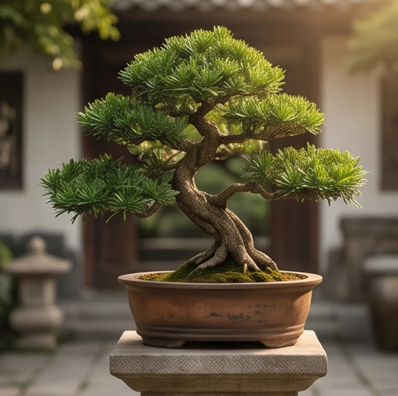 Cây bonsai tùng la hán xanh tươi được tạo dáng nghệ thuật tĩnh tại trong chậu gốm