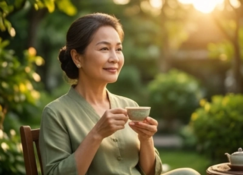 Tử vi trọn đời tuổi Mậu Ngọ 1978 nữ mạng: Chi tiết các mốc tuổi 8 Người phụ nữ trung niên với nụ cười hiền hậu đang thư thái thưởng trà trong khu vườn xanh mát