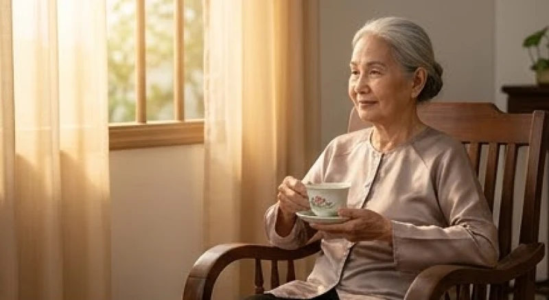 Bà cụ tận hưởng sự bình yên và thảnh thơi bên tách trà sen trong không gian phòng khách truyền thống