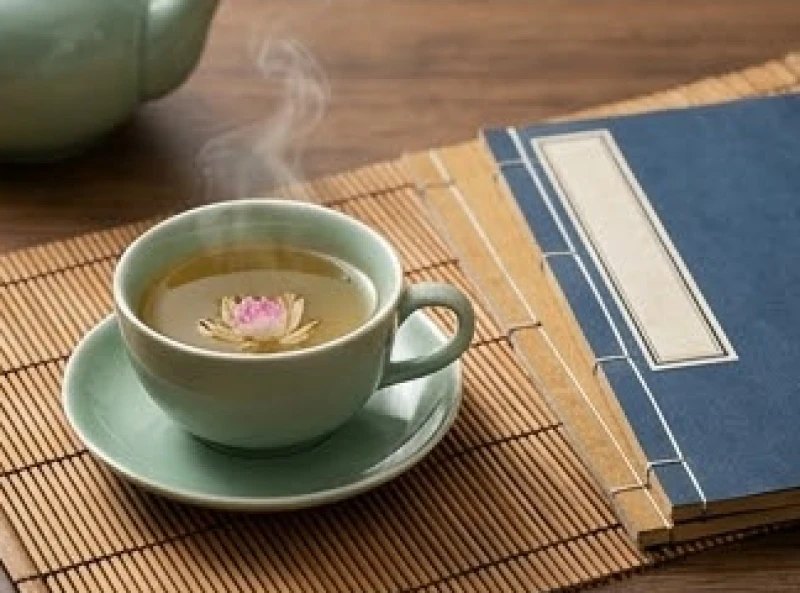 Tách trà sen ấm nóng bên cạnh một cuốn sách cổ tượng trưng cho cuộc sống điền viên thanh thản lúc tuổi già