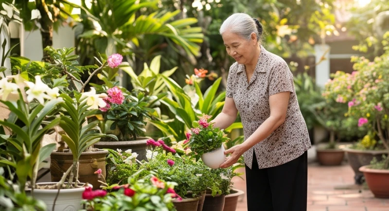 Cụ bà lớn tuổi thảnh thơi chăm sóc cây cảnh trong khu vườn xanh mát