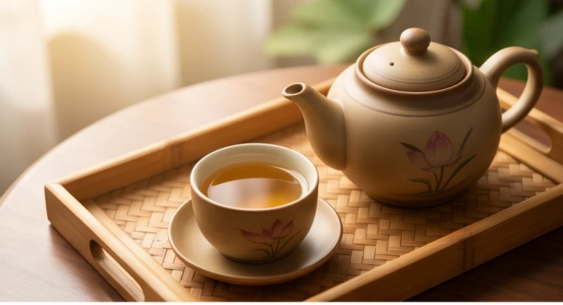 Khung cảnh thưởng trà bình yên thể hiện sự an nhàn của tuổi trung vận