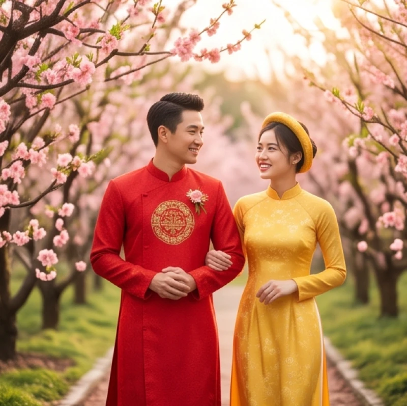 Cô dâu chú rể hạnh phúc sánh bước bên nhau trong khung cảnh mùa xuân rực rỡ hoa đào và ánh nắng ấm áp
