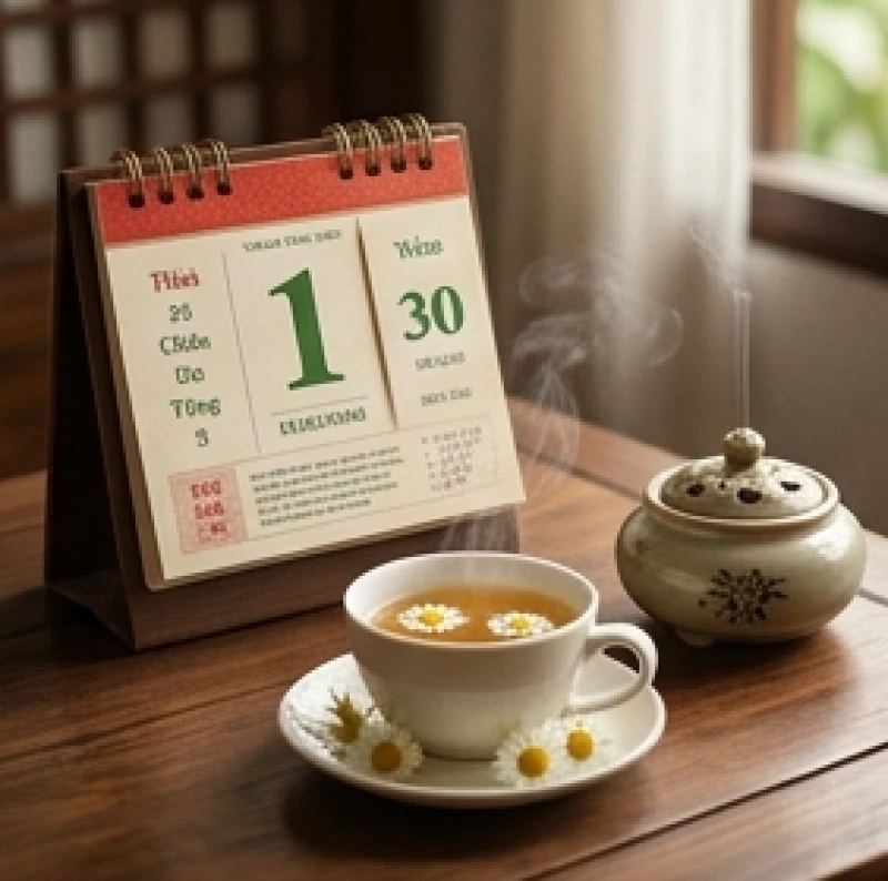 Tình duyên tuổi Thìn năm 2027: Chi tiết hỷ sự và phong thủy 2 Lịch vạn niên và tách trà hoa cúc tĩnh lặng, tượng trưng cho sự bình an không phạm Thái Tuế của tuổi Thìn