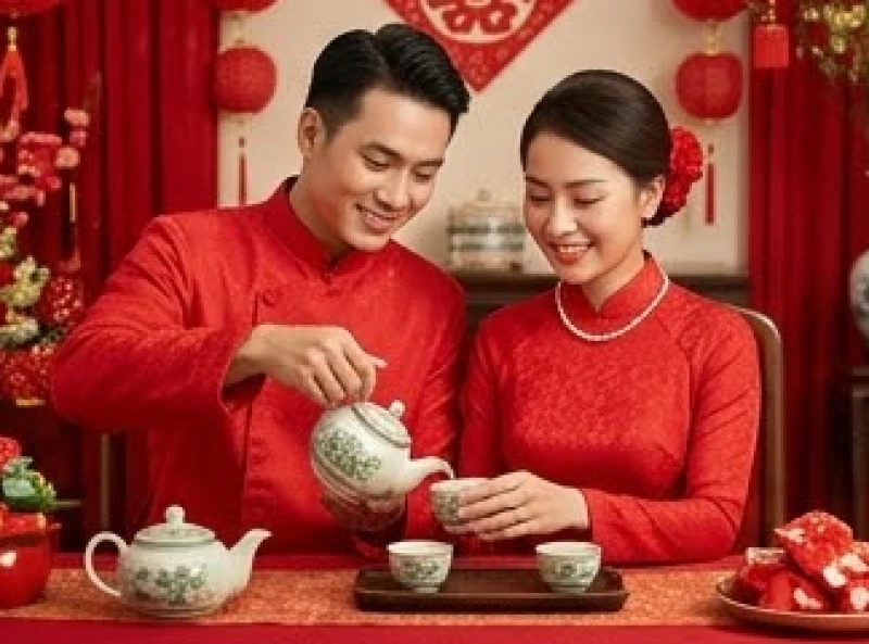 Tình duyên tuổi Mão năm 2027: Luận giải 5 nạp âm và lịch cưới 1 Cặp đôi người tuổi Mão thực hiện nghi thức rót trà cưới trong không gian ngập tràn sắc đỏ may mắn