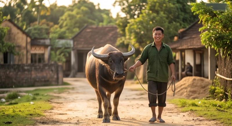 Cảnh tượng người nông dân vững vàng điều khiển con trâu bước đi nhịp nhàng trên đường làng ngập nắng