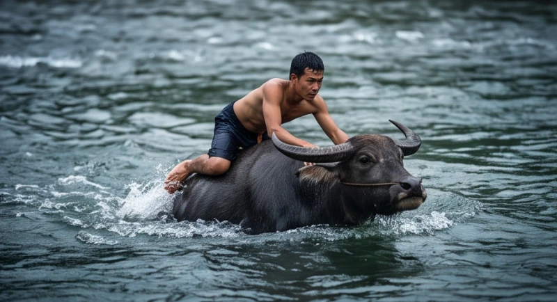 Người đàn ông gồng mình giữ thăng bằng trên lưng trâu khi con vật đang nỗ lực bơi qua dòng sông nước chảy xiết