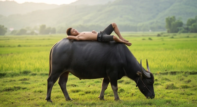 Chàng trai nhàn nhã ngồi trên lưng con trâu đen to lớn gặm cỏ giữa thảo nguyên xanh mướt