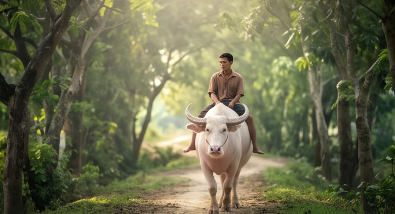 Sinh vật bạch ngưu hiếm gặp với bộ da trắng toát đang ngoan ngoãn chở người chủ đi trên con đường rợp bóng cây