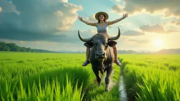 Riding a buffalo in the rice field