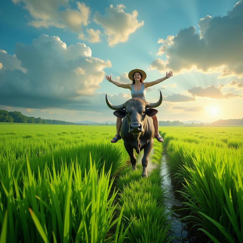 Riding a buffalo in the rice field