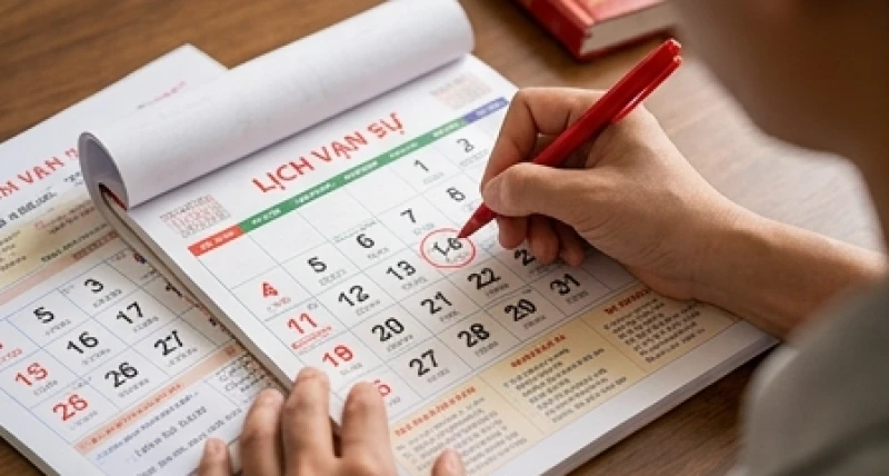 Tuổi Hợi nhập trạch ngày nào tốt: Lịch 2026 và thủ tục bài bản 3 Gia chủ dùng bút khoanh tròn ngày hoàng đạo trên cuốn lịch vạn sự âm dương để chuẩn bị chuyển nhà.