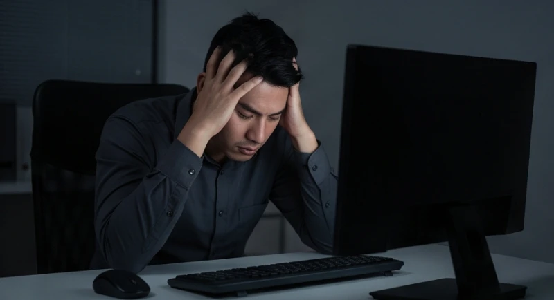 Nhân viên văn phòng gục đầu mệt mỏi trước màn hình máy tính đen kịt
