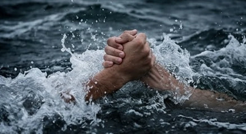 Hai cánh tay nắm chặt lấy nhau giữa những đợt sóng cuồn cuộn lột tả nỗ lực cứu người trong bão tố