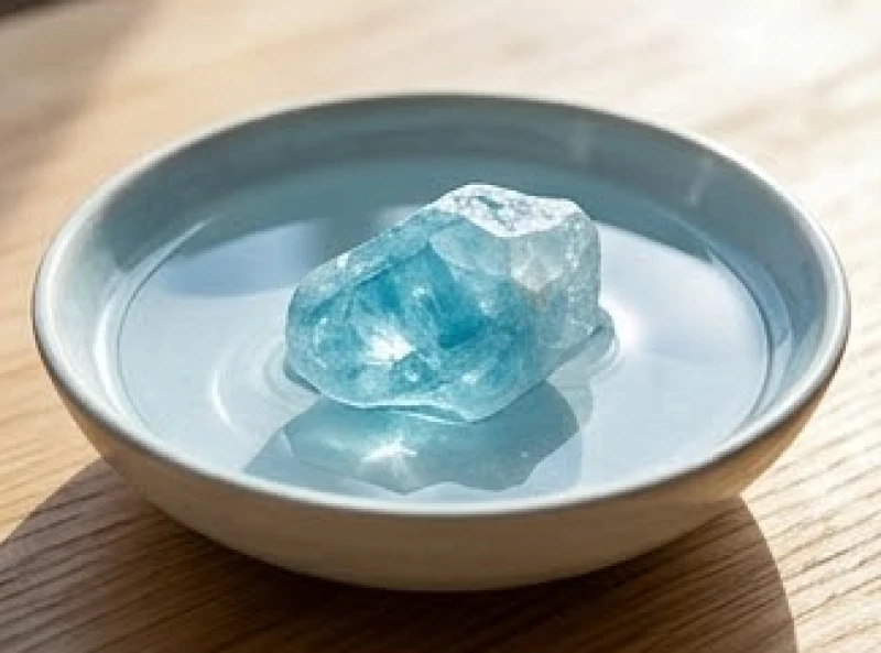 Viên đá phong thủy Aquamarine màu xanh ngọc bích ngâm trong một bát nước tinh khiết