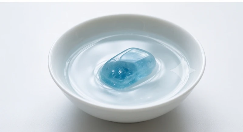 Viên đá phong thủy Aquamarine màu xanh lam đang được ngâm trong bát nước tinh khiết để thanh tẩy
