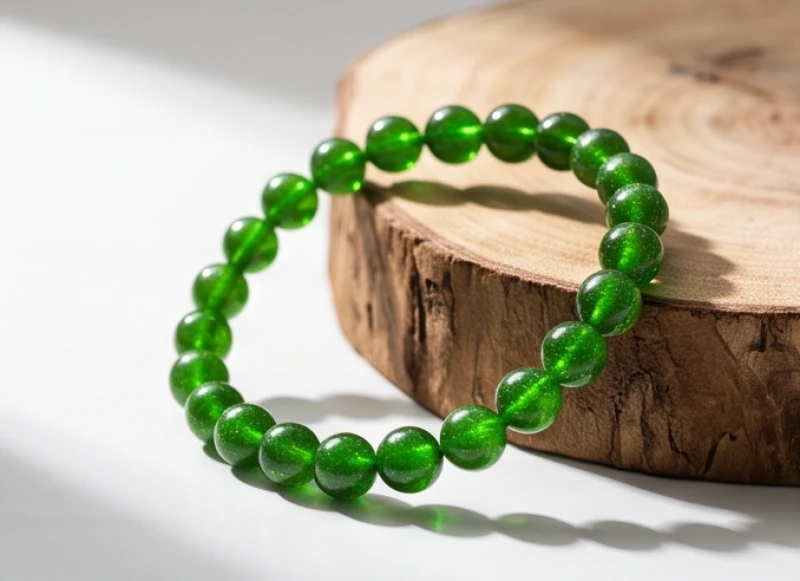 Chuỗi hạt đá Diopside tự nhiên phát ra ánh sáng xanh lục bảo rực rỡ dưới nắng