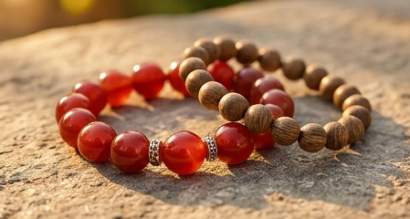 Vòng tay làm từ đá mã não đỏ và hạt trầm hương tự nhiên được đặt trang trọng trên phiến đá nguyên khối