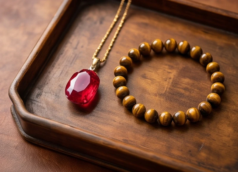 Vòng tay đá tự nhiên Mắt hổ vàng nâu và đá trang sức Ruby đỏ nguyên chất