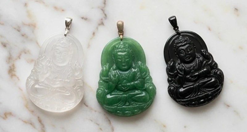 Các mẫu mặt Phật được chế tác từ đá thạch anh trắng, ngọc bích và đá đen obsidian tượng trưng cho ngũ hành