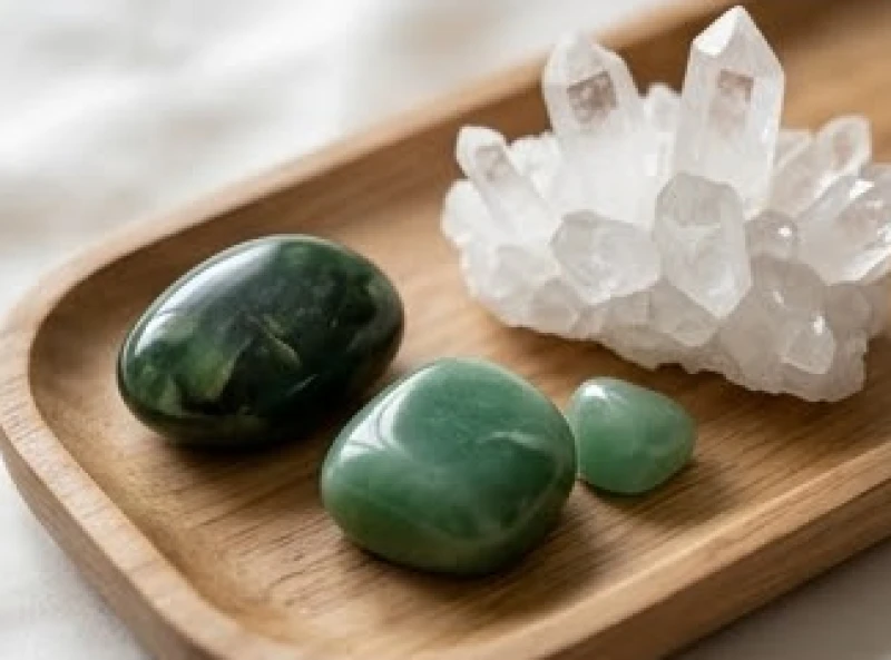 Viên đá ngọc bích xanh thẫm được đặt cẩn thận bên cạnh cụm thạch anh trắng thanh tẩy