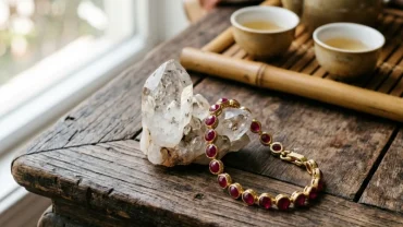 Bộ sưu tập vòng tay đá phong thủy cho tuổi Dậu tự nhiên đặt trên bàn trà gỗ truyền thống Việt Nam