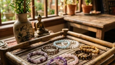 Các loại vòng tay đá phong thủy cho tuổi Mão được bày trí tinh tế trên chiếc khay tre mộc mạc.