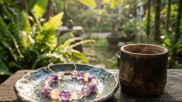 Các loại vòng tay đá phong thủy cho tuổi mùi chế tác từ tự nhiên đặt trên đĩa gốm mộc mạc mang nét đẹp Việt Nam