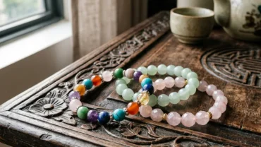 Bộ sưu tập đá phong thủy cho tuổi ngọ với nhiều màu sắc tự nhiên đặt trên bàn gỗ mộc mạc