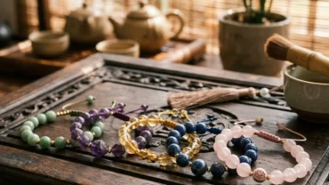 Vòng tay đá phong thủy cho tuổi sửu tinh xảo đặt trên bàn gỗ truyền thống Việt Nam