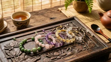 Bộ sưu tập đá phong thủy cho tuổi tỵ ngũ sắc đặt trên khay gỗ điêu khắc tinh xảo