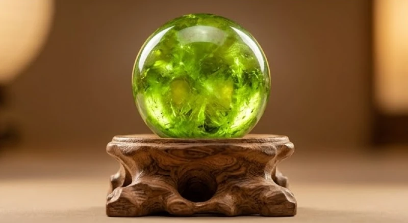 Quả cầu đá Peridot màu xanh lá cây rực rỡ đặt trên đế gỗ trầm hương tinh xảo