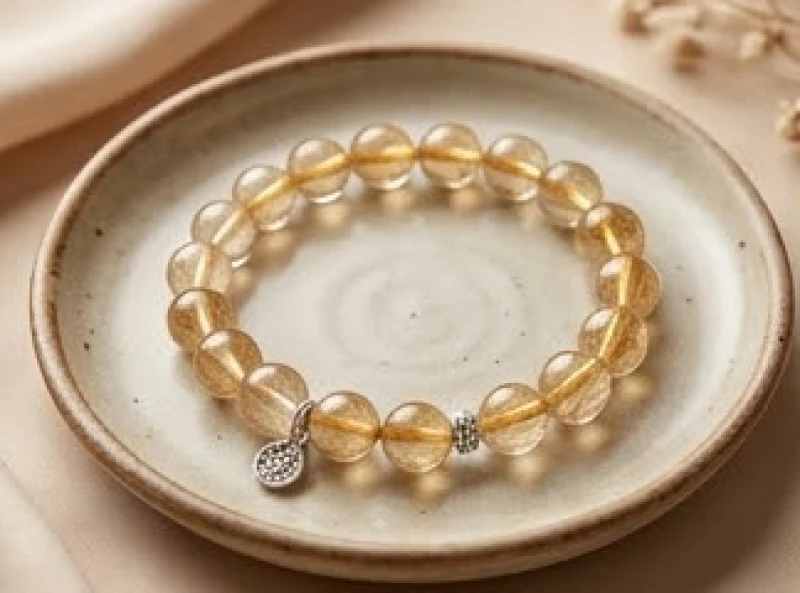 Vòng tay đá thạch anh tóc vàng kết hợp charm bạc được thanh tẩy cẩn thận trên một chiếc đĩa gốm mộc mạc