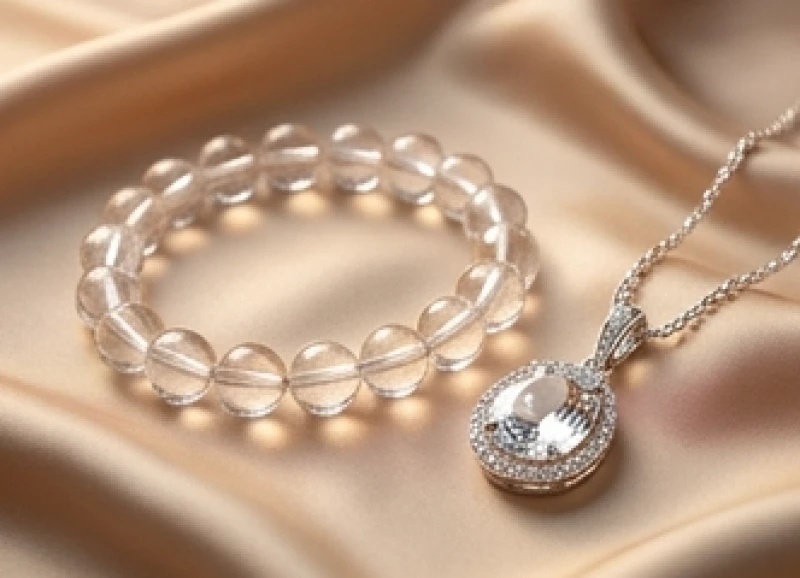 Vòng tay thạch anh trắng và mặt dây chuyền Topaz lấp lánh tỏa sáng trên nền gấm lụa truyền thống