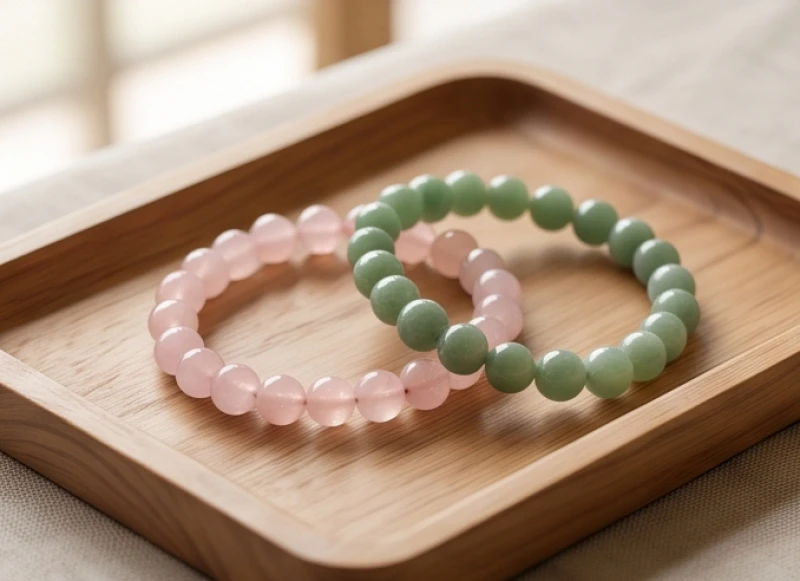 Vòng tay đá thạch anh hồng và ngọc bích xanh lá cây mang đến nguồn năng lượng tương sinh bảo vệ gia chủ mệnh Hỏa