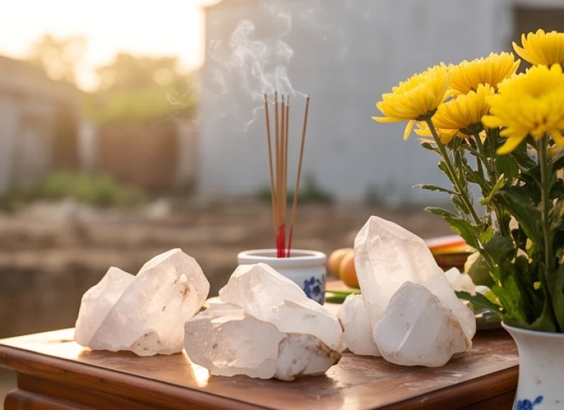 Viên đá khối thạch anh được đặt trang trọng trên bàn lễ để hấp thụ hương khí trước khi hạ móng