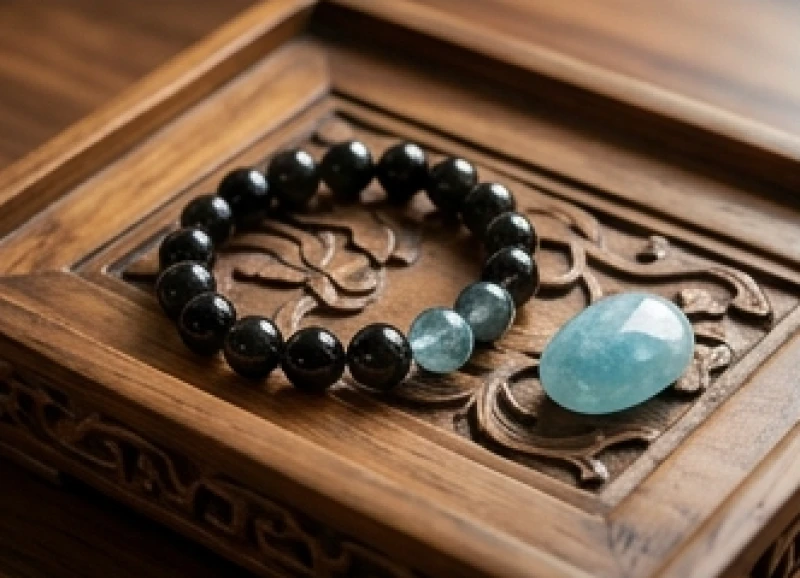 Vòng tay đá phong thủy thạch anh đen và ngọc Aquamarine đặt trên mặt khay gỗ tự nhiên mộc mạc