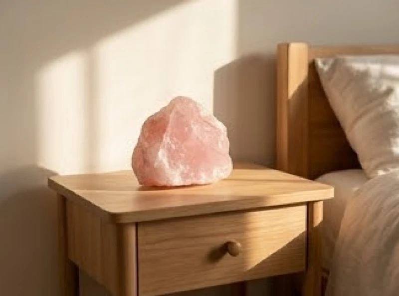 Viên đá thạch anh hồng thô được đặt gọn gàng trên chiếc bàn nhỏ góc phòng ngủ ngập tràn ánh sáng
