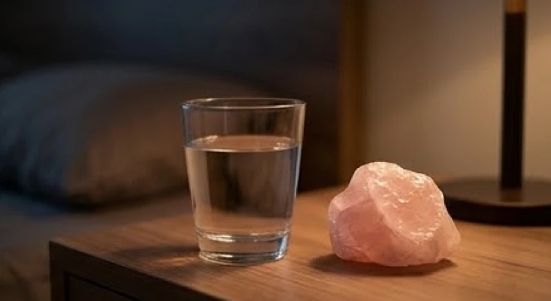 Một ly nước ấm đặt cạnh viên đá Thạch Anh Hồng thô trên chiếc bàn gỗ nhỏ ở đầu giường