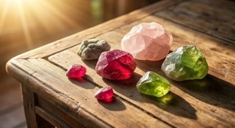 Các viên đá phong thủy tự nhiên màu đỏ và xanh lục phơi dưới nắng ban mai