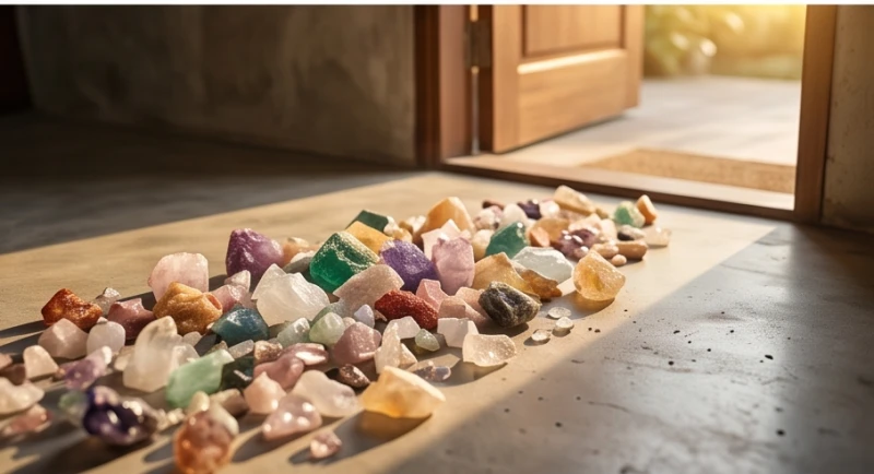 Những viên đá thạch anh vụn nhiều màu sắc được chuẩn bị để rải dưới thềm cửa chính nhằm xua đuổi tà khí