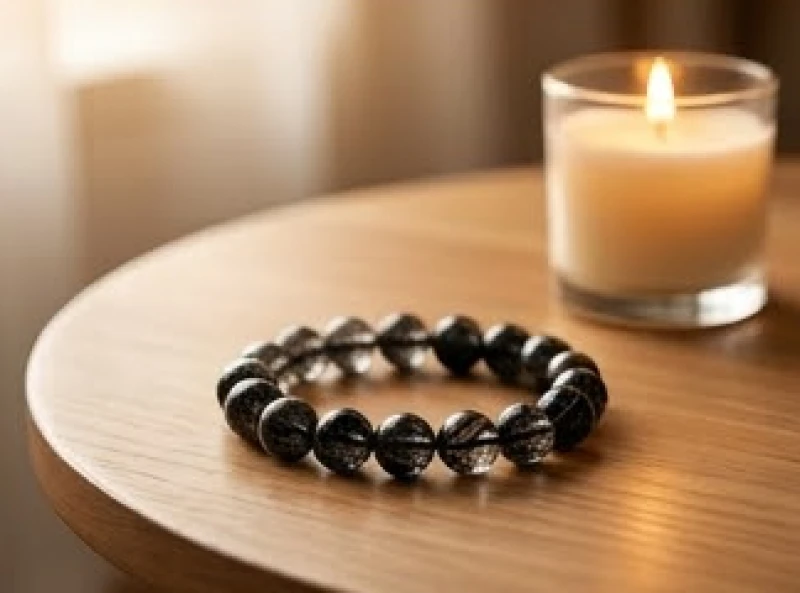 Đường tâm đạo có hai đường: Ý nghĩa, cách nhận biết và hóa giải 8 Vòng tay đá thạch anh tóc đen phong thủy đặt gọn gàng trên bàn gỗ cùng một nến thơm nhỏ