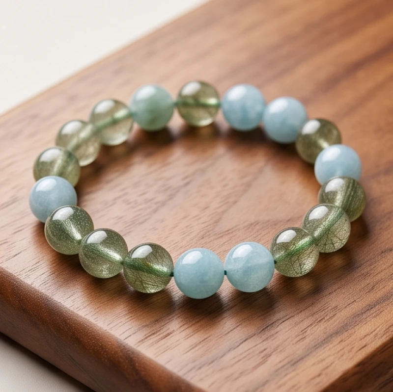 Vòng tay đá thạch anh tóc xanh tự nhiên và hạt aquamarine phong thủy