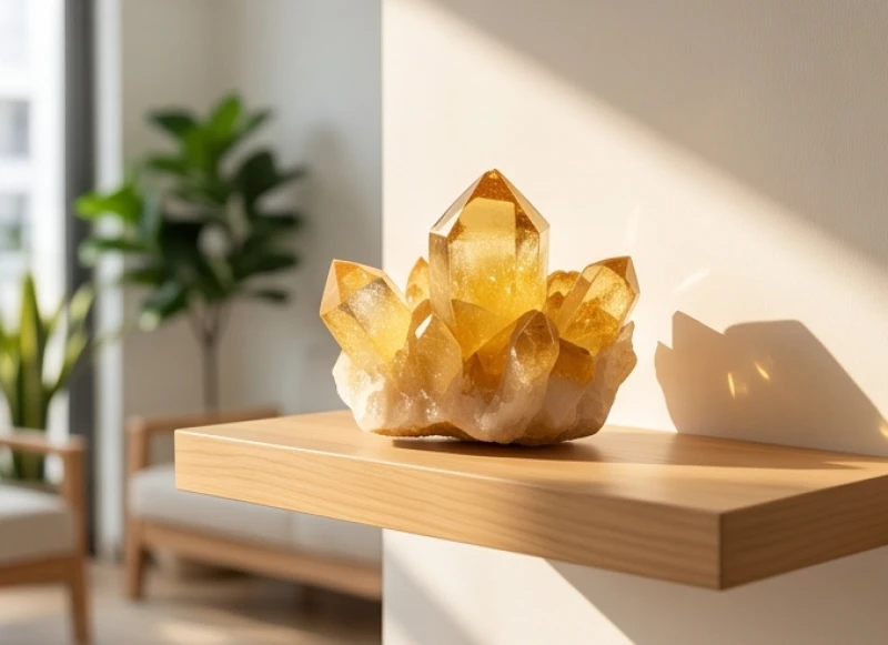 Khối đá thạch anh vàng tự nhiên đặt trên kệ gỗ trong phòng khách để cân bằng năng lượng phong thủy