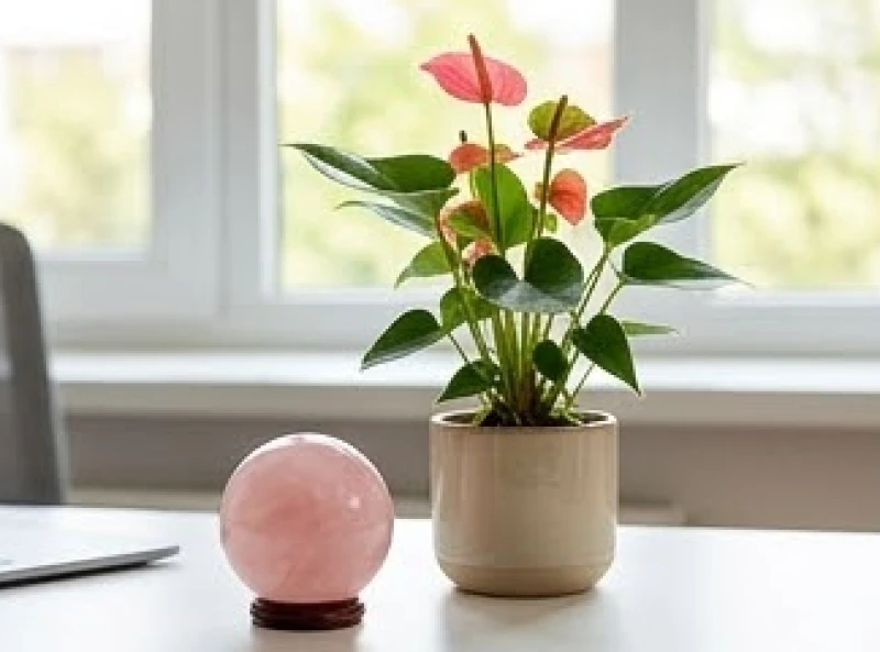 Góc bàn làm việc bài trí chậu cây hồng môn đỏ rực và quả cầu thạch anh hồng mang lại may mắn.