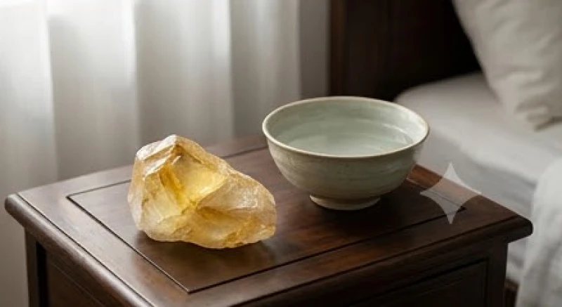 Khối đá thạch anh vàng tự nhiên tỏa sáng rực rỡ bên cạnh một bát nước thanh khiết trên tủ đầu giường